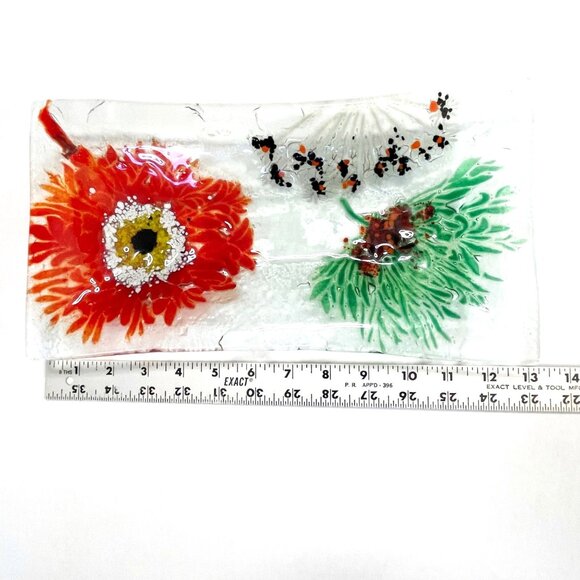 Rectangular Fused Floral Art Glass Dish Tray Flower Design 13x7 - Picture 6 of 7